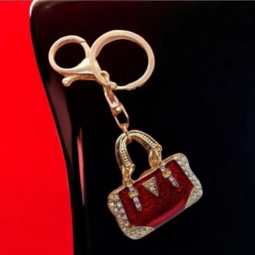 Red Mini Handbag Purse Charm Keychain Rhinestone Gold Bag Clip Enamel Accessory